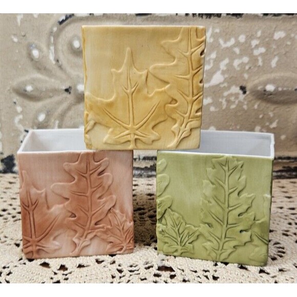 Set of 3 PartyLite Autumn Fall Cube Candle Holders Earth Tones Embossed Leaves - Picture 1 of 8